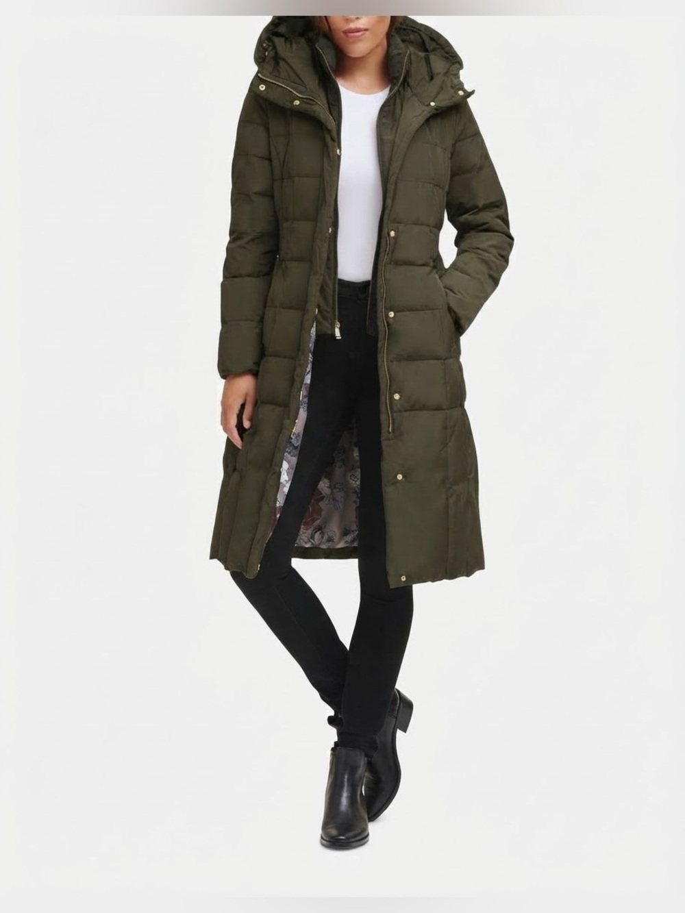 Cole Haan Long Hooded Quilted Down Feathers Puffer Coat Olive Green Like New!